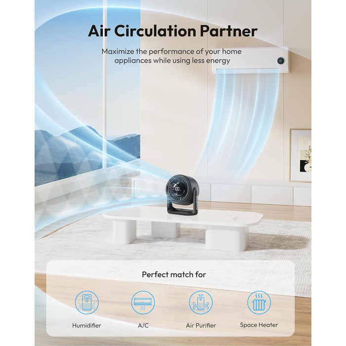 Настільний вентилятор Gaiatop з сенсорним керуванням, акумулятор 4000 мАг, 5 швидкостей, тихий міні-вентилятор з LED-дисплеєм, кут нахилу 90°, заряджається через USB-C, для офісу, спальні, дому, чорний