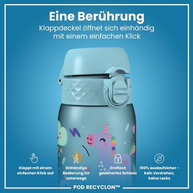ion8 Insulated Stainless Steel Drinking Bottle 320 ml Leak-Proof One-Hand Opening Secure Locking Dishwasher Safe Flip-Top Lid Carrying Handle Easy to Clean, Durable, Unicorn (Evo, Recyclon, Alaskablue)