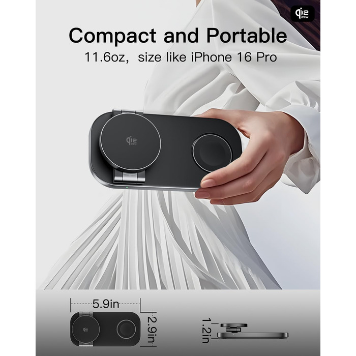 Бездротова зарядка 25W 3-в-1 з MagSafe, складана індуктивна магнітна зарядна станція для iPhone 17/Air/16/15/14/13/12, Apple Watch 10/9/8/7/6/SE/5/4/3 та AirPods Pro (з адаптером 35W), чорна