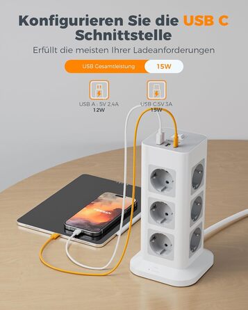 Блок розеток TESSAN із захистом від перенапруги 3600W 16A, 12 розеток з USB-C та 2 USB-A, мережевий кабель 2м, розподільник розеток для дому, сірий