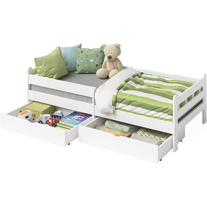 Bellabino Kinderbett Kuru 90x200 with 2 Drawers, Single Bed for Children incl. Fall Protection and Slatted Frame, White Children's Bed, Bed for Boys and Girls with Drawers White