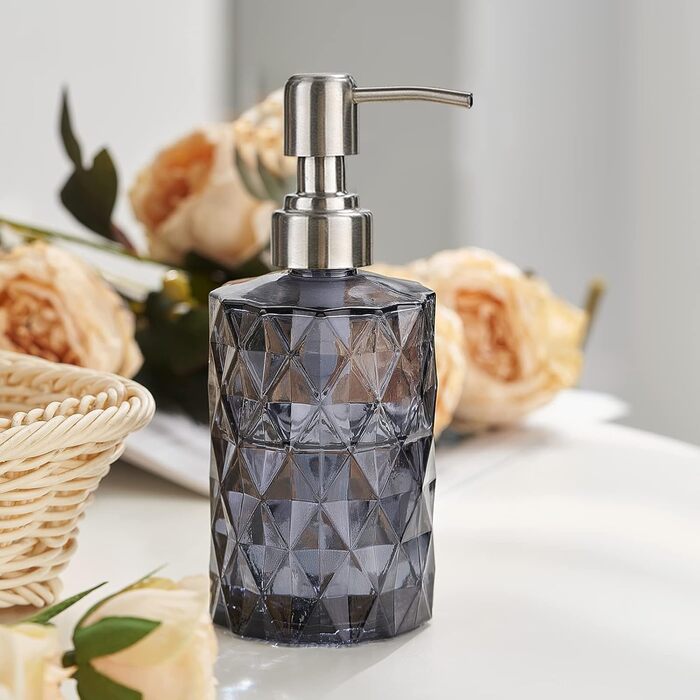 Дозатор для мила Ekirlin зі скла для кухні та ванної кімнати, 340 мл. З нержавіючою сталевою помпою, для мила, олій, шампуню. Колір: темно-сірий