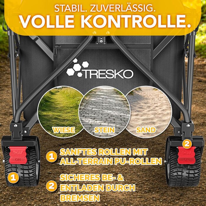 Візок-садовий TRESKO® складний 300л з гальмом та повногумовими колесами | Універсальний транспортний візок для пляжу, саду, кемпінгу до 150кг | Чорний
