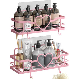 Двостороння поличка для душу без свердління, рожева, з 4 гачками, 11.5 см - органайзер для шампуню та мила