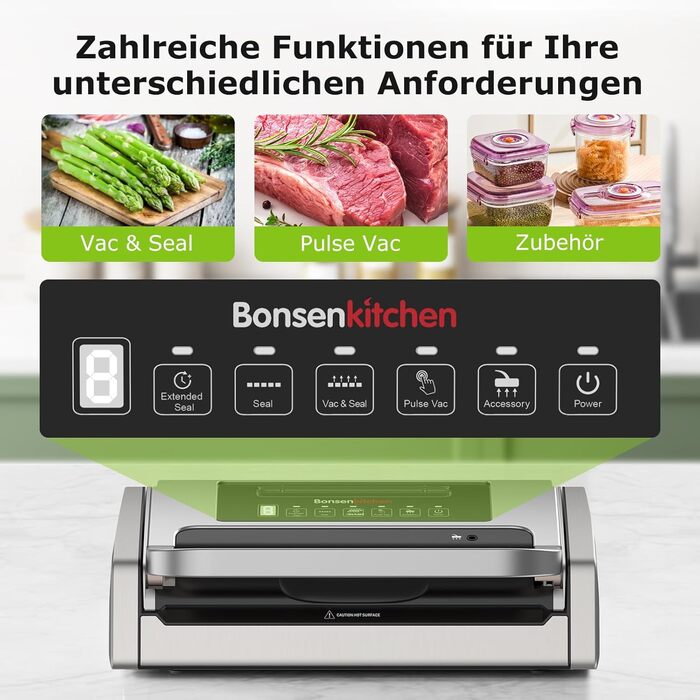 Вакуумний пакувальник Bonsenkitchen 15 л/хв - високопродуктивний, сертифікований, з інтегрованим ножем та 2 рулонами