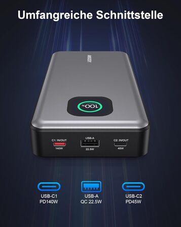 Powerbank 140W, 25000mAh з цифровим дисплеєм, PD3.1 для ноутбуків, MacBook, iPad, iPhone, Switch, Steam Deck (Срібний)