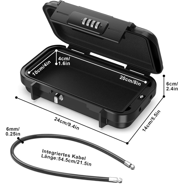 Портативний водонепроникний сейф Diyife з кодовим замком на 4 цифри та сталевим тросом 6мм, захисна бокс для цінних речей у подорожах, на пляжі та в кемпінгу, чорний