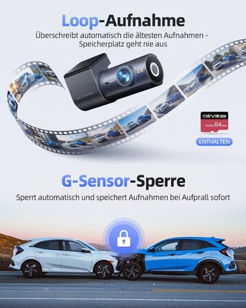 CIEVIE Автомобільна відеореєстратор 4K з GPS, WiFi, Dual, IPS 1.5″, 64GB SD, 170° та G-Sensor, WDR, Нічне бачення, Loop-запис, підтримка до 256GB
