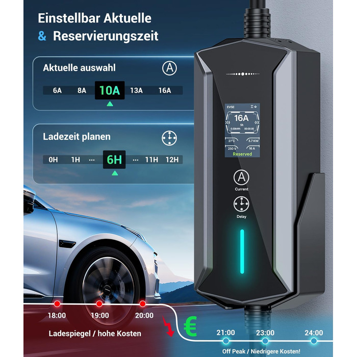 Кабель для зарядки електромобілів Schuko 3,7kW, 7м, 6-16A, 1-фазний, IP65, з LCD-дисплеєм, регульована потужність, таймер, для електромобілів та PHEV