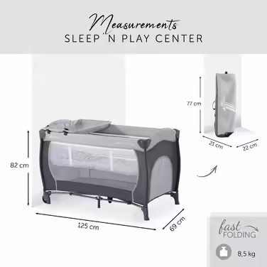 Hauck Sleep N Play Center Travel Crib with Newborn Nest, Changing Pad, Carry Bag, Wheels, Canopy, Compact Folding, Baby Travel Crib for Infants from Birth up to 15 kg (Stone)