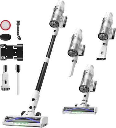 Акумуляторний пилосос ElecKeys 48000Pa/580W з LED дисплеєм, білий (фіолетовий). Підходить для твердих поверхонь, килимів та видалення шерсті тварин. 7-шарова фільтрація, антизаплутана щітка, 65 хвилин роботи.