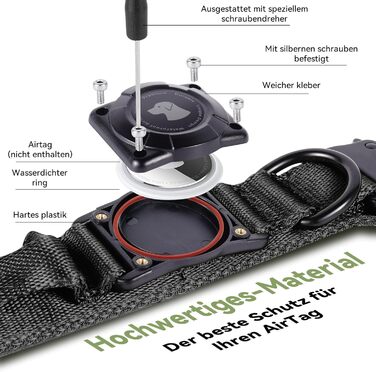 Тактичне об'ємне нашийник для собак з ручкою, водонепроникний Airtag нашийник, товстий регульований нашийник для собак з м'якою підкладкою, металева застібка для середніх та великих собак (L(18'-23')), L(18'-23'), (Чорний, XL(24'-28'))