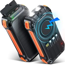 Сонячний Power Bank 26800mAh з 4 кабелями, 30W USB-C, SOS ліхтарик, 7 виходів, для телефону, планшету, кемпінгу (Оранжевий)