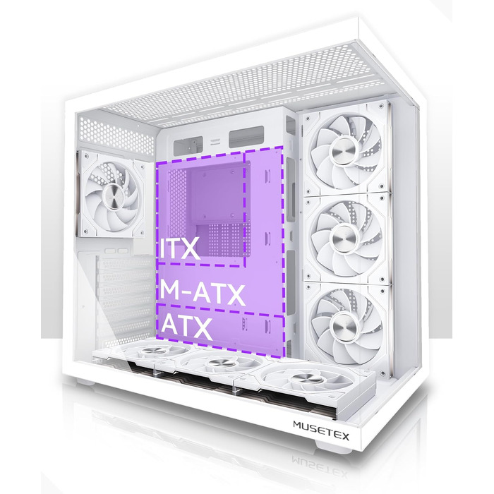Ігровий корпус для ПК Musetex Y6 ATX Mid Tower, 7 ARGB PWM вентиляторів Infinity Mirror, панорамне загартоване скло 270°, USB Type-C, Білий