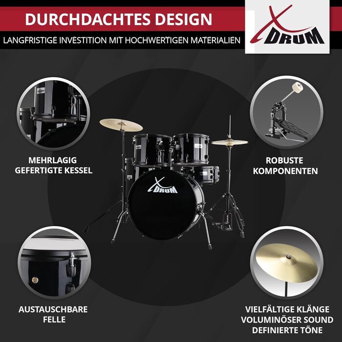 XDrum Rookie 22' барабанний комплект Standard Black - ідеальний для початківців, стильна фурнітура, з паличками 5B, інструкцією та школою барабанщиків