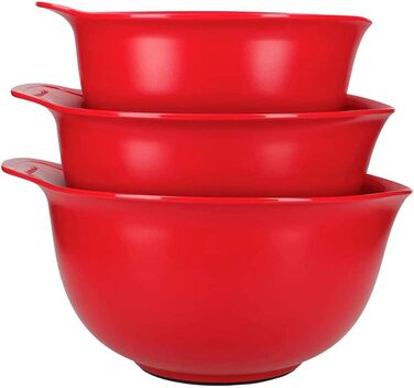 KitchenAid, Plastic, 3-Piece Mixing Bowl Set, Dishwasher Safe, Nesting, 3 Bowls with Non-Slip Base and Spout – Empire Red
