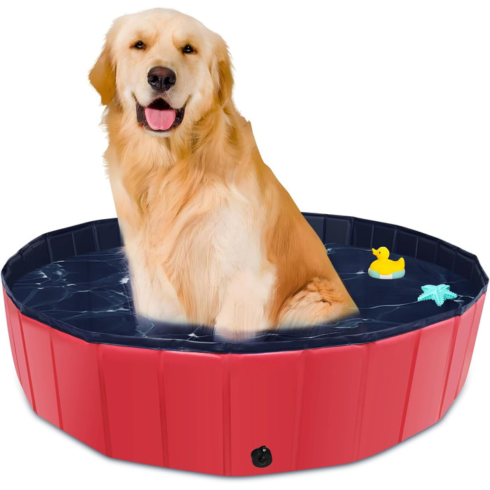 Foldable Dog Pool, 100 x 30.5 inches, Oversized, Hard Plastic, Portable, Swimming Pool for Dogs, Cats, and Children, Pet, Puppy Bathtub, Foldable, Kiddie Pool (red)