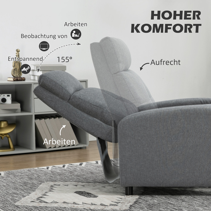 Крісло-релакс HOMCOM, телевізорне крісло з регульованим нахилом спинки, крісло для телевізора з текстурою льону, м'яке крісло з пружинним блоком, крісло для відпочинку, яке витримує до 150 кг, ідеально підходить для вітальні, сірого кольору | Aosom
