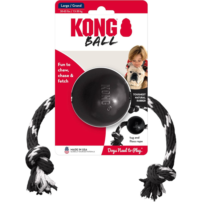 KONG Extreme Ball з мотузкою – міцна іграшка для собак із натурального каучуку, для великих порід, чорна