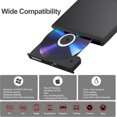 Зовнішній DVD-записувач ORIGBELIE USB 3.0, портативний CD-ROM привід +/-RW для ноутбука, ПК, MacBook, Windows, Linux