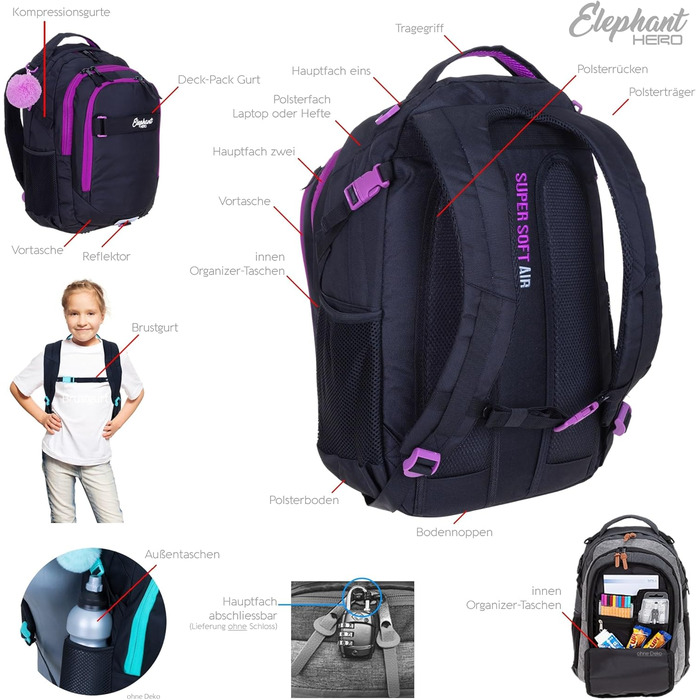 Дитячий рюкзак Elephant Hero Signature з дощовиком для дівчаток (Lila Violett Black)