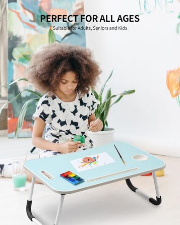 Складаний столик для ноутбука, портативний столик на колінах, приліжковий столик, підставка для ноутбука з тримачем для напоїв та слотом для планшета, з підйомним ручками для роботи, письма, малювання та їжі (Рожевий) (Блакитний)