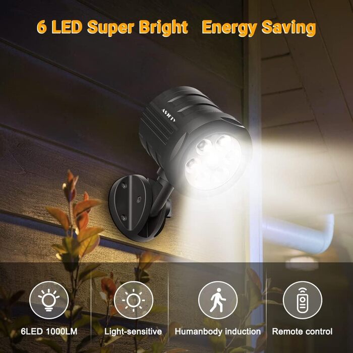 ASOFTY Motion Sensor Outdoor Battery Spotlight with Remote Control, 6 LED Wireless Battery-Powered 1000LM Spot Lamps, IP65 Waterproof Security Lamps for Garden, Garage, Indoor & Outdoor (Black)