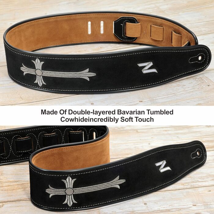 Гітарний ремінь Nefelibata з вишивкою 'n', 2.7', з двошарової баварської шкіри, з м'якою підкладкою, для акустичної, бас та електрогітари (хрест)