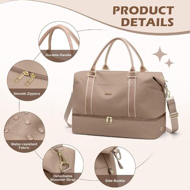 Велика дорожня сумка жіноча 46L Weekender з косметичкою, відділенням для взуття та вологих речей, для подорожей літаком (Колір: Шампань)