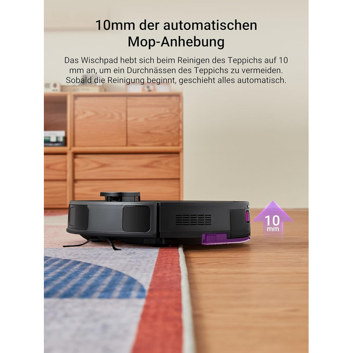 Робот-пилосос EUREKA E10s з вологою тканиною: потужне всадіння 4000Pa, LiDAR-навігація, автопідняття мопа, ідеально для видалення шерсті тварин, керування через додаток та голосовий помічник, чорний