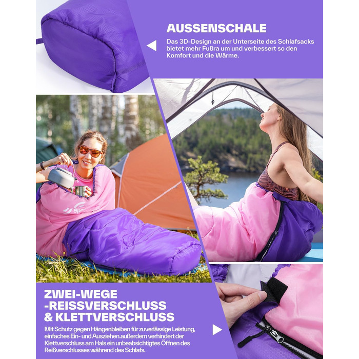 Сплячий мішок Sportneer - компактний та ультралегкий (950г/1500г) - кокон для кемпінгу, подорожей та відпочинку на природі. Підходить для чоловіків, жінок та дорослих (Рожевий, літній)