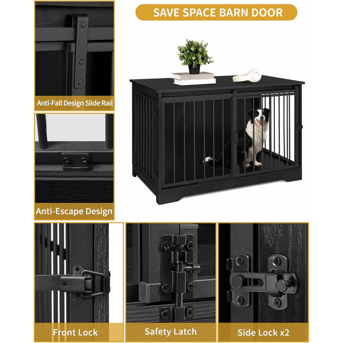 Клітка для собак Hzuaneri, 100 см, дерев'яна, з розсувними дверима, для дому, чорна (100 x 60 x 68 см)