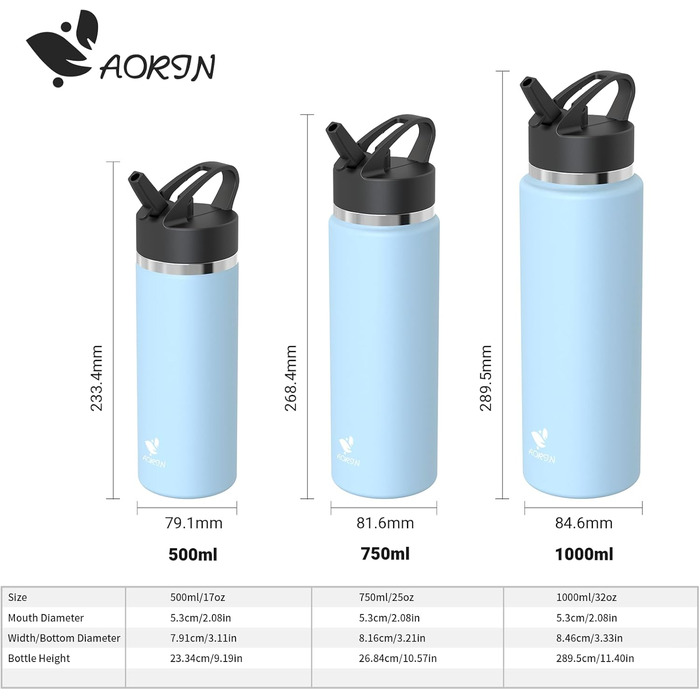 AORIN Stainless Steel Water Bottle, 500ml/750ml/1L Leak-Proof Water Bottle with Straw, BPA-Free Drinking Bottle for Kids, Vacuum-Insulated Thermos for Sports, School, Fitness, Outdoors