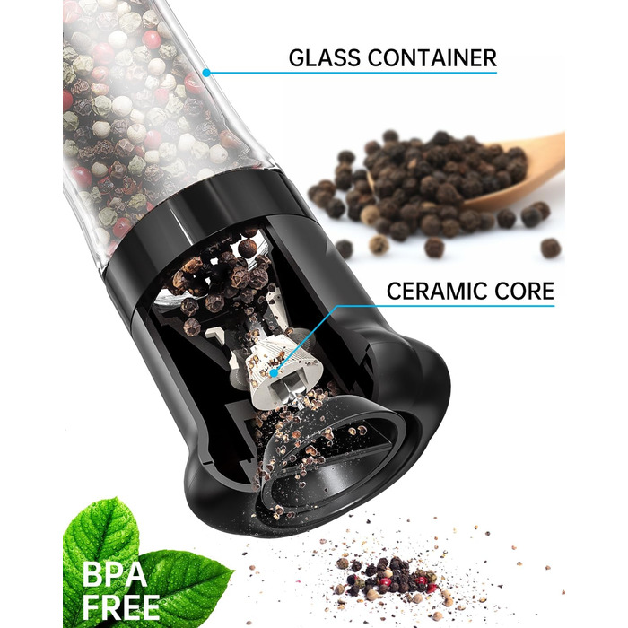 Набір ручних мельниць для солі та перцю CIRCLE JOY - ідеальний вибір для професійних кухарів. Мельниці з керамічними лезами, регульована ступінь подрібнення, скляні контейнери 180 мл, BPA-free, чорно-білий дизайн.