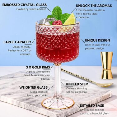 Набір келихів для джину Vemacity Luxuriöses Gin Gläser 2er Set: 2 келихи з золотими деталями (450 мл), ложка, мірний стакан, E-book з рецептами. Чудовий подарунковий набір.
