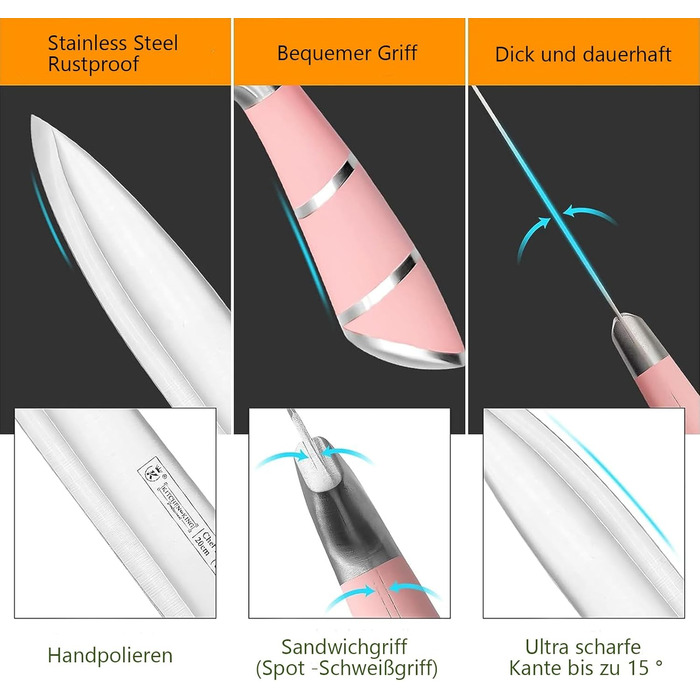 Набір кухонних ножів Justup 9шт з обертовим блоком, рожевий. Набір ножів з нержавіючої сталі з антипригарним покриттям, з точилкою для кухні.