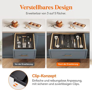 Органайзер для столових приборів Lifewit в шухляду, розширюваний 33-57 см, чорний, пластик, 38х5х38 см
