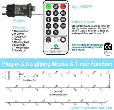 Льодогенератор з LED підсвічуванням, 1000 LED, тепле біле світло, водонепроникний, з пультом, для декору приміщень, вечірок, балкону, саду, ялинки