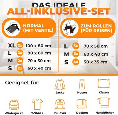 PACKDUDE® Vacuum Bags for Clothing - Small & Large I 18 PIECES I 8 x Vacuum Bags for Vacuum Cleaner & 10 x Roll-Up Vacuum Bags (without valve) I Vacuum Bags for Clothing