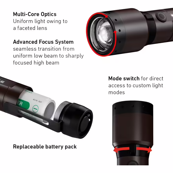 Ledlenser P7R Signature Flashlight LED, with red light, rechargeable Lithium 21700 battery, waterproof IP68, 2000 lumens, focusable, Constant Light, beam distance 330m, belt pouch & charging station P7R Signature Single