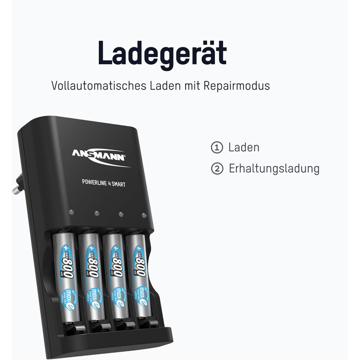 Зарядний пристрій ANSMANN Powerline 4 Smart з 4x NiMH 2850 акумуляторами для до 4 NiMH AA/AAA акумуляторів - автоматичний зарядний пристрій з режимом відновлення - зарядний пристрій для перезаряджуваних батарей (без акумуляторів)