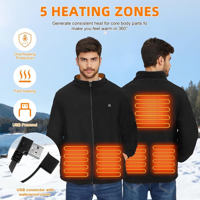 Обогревна куртка TOUVE з 5 зонами підігріву, регулюванням температури, Polar Fleece, для жінок та чоловіків, чорний (2025)