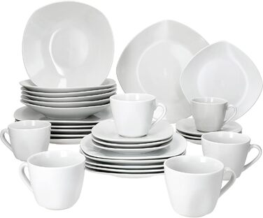 MamboCat Lotta Комплект посуду 30 предметів, біле порцелянове посуд для 6 осіб | 6 кавових чашок, 6 тарілок під чашки, 6 десертних тарілок, 6 супових тарілок, 6 обідніх тарілок | Для ресторану, готелю та дому