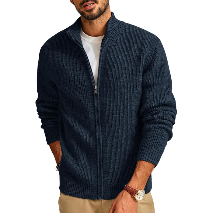 Кардиган чоловічий PJ PAUL JONES з рифленого в'язання, довгі рукави, зимова куртка, тонкий трикотаж, з коміром-стійкою та блискавкою, колір морської хвилі (S)