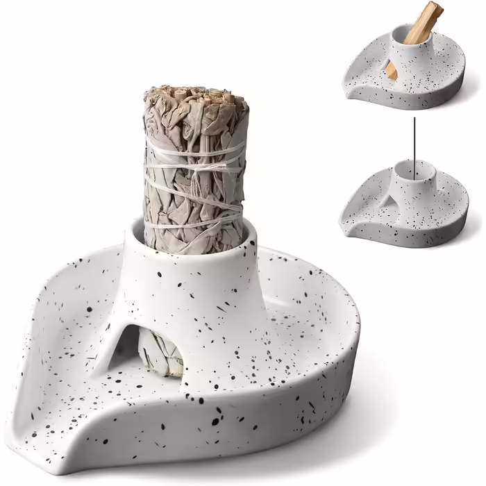 Incense Holder, Incense Stick Bowl, Ceramic Incense Holder, Burn Bowl for White Sage/Palo Santo Stick/Incense, 3-in-1 Burner Bowl with White Sage Bundle (Gray)