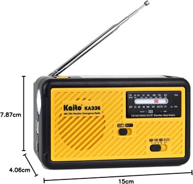 Радіо Kaito Voyager ECO KA336: AM/FM, NOAA, сонячна панель, ручне заряджання, LED-ліхтарик, USB-зарядка для телефону, жовтий