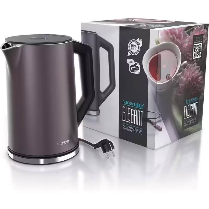 Arendo - Stainless Steel Kettle with Temperature Setting 40-100 Degrees in 5 Degree Increments - Double-Walled Design - Model ELEGANT - 1.5 Liter - 2200 W - Tea Kettle with Temperature Display - GS - Black (D: Volcanic Grey)