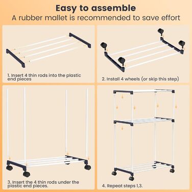 Сушарка для білизни мобільна, 3-ярусна, з коліщатками для ванної кімнати, квартири та пральні