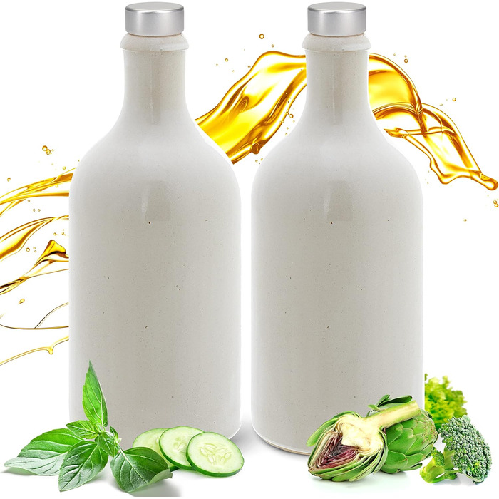 Gourmet Vinegar & Oil – Bottles with Pourer, Made in Germany, Handcrafted. Exclusive stoneware bottles, unique, timeless, and chic. Pourers in Deluxe Silver (2x 500ml, white)