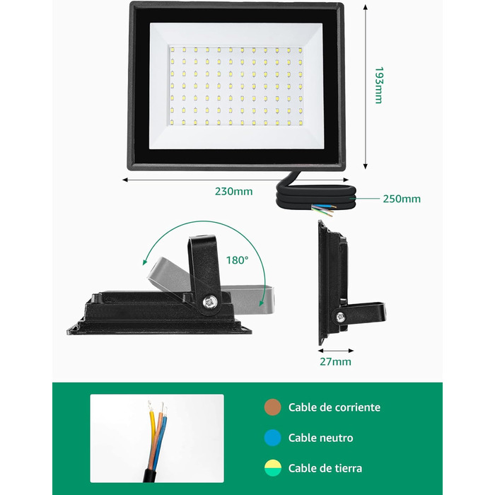 Aigostar LED Flood Light Outdoor Indoor 100W 8700LM Cool White 6500K LED Spotlight Projector IP65 Waterproof LED Outdoor Floodlight for Bright Garden Garage Sports Field Yard Floodlight (70W, 2 pcs)